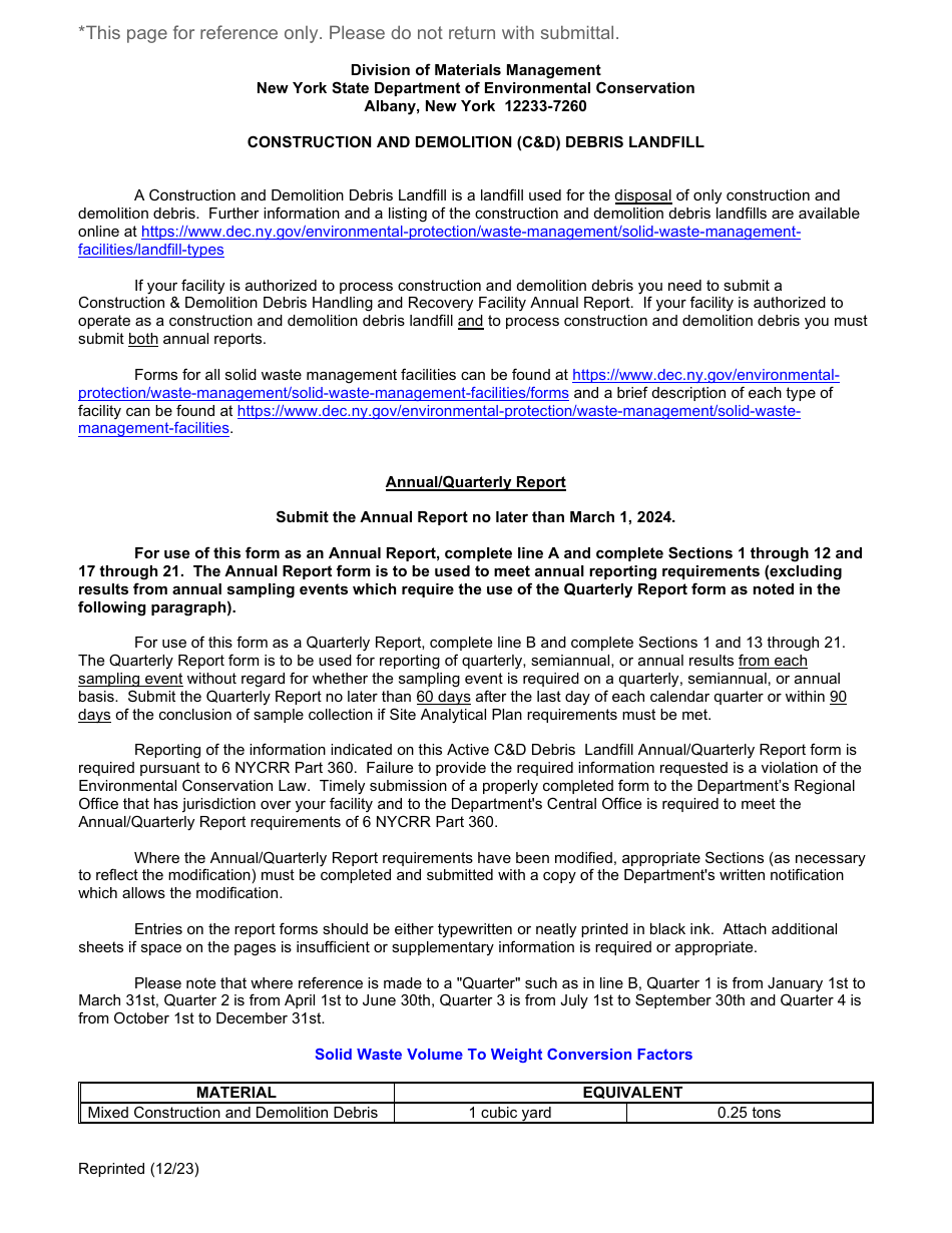 Active Construction and Demolition (Cd) Debris Landfill Annual / Quarterly Report - New York, Page 16