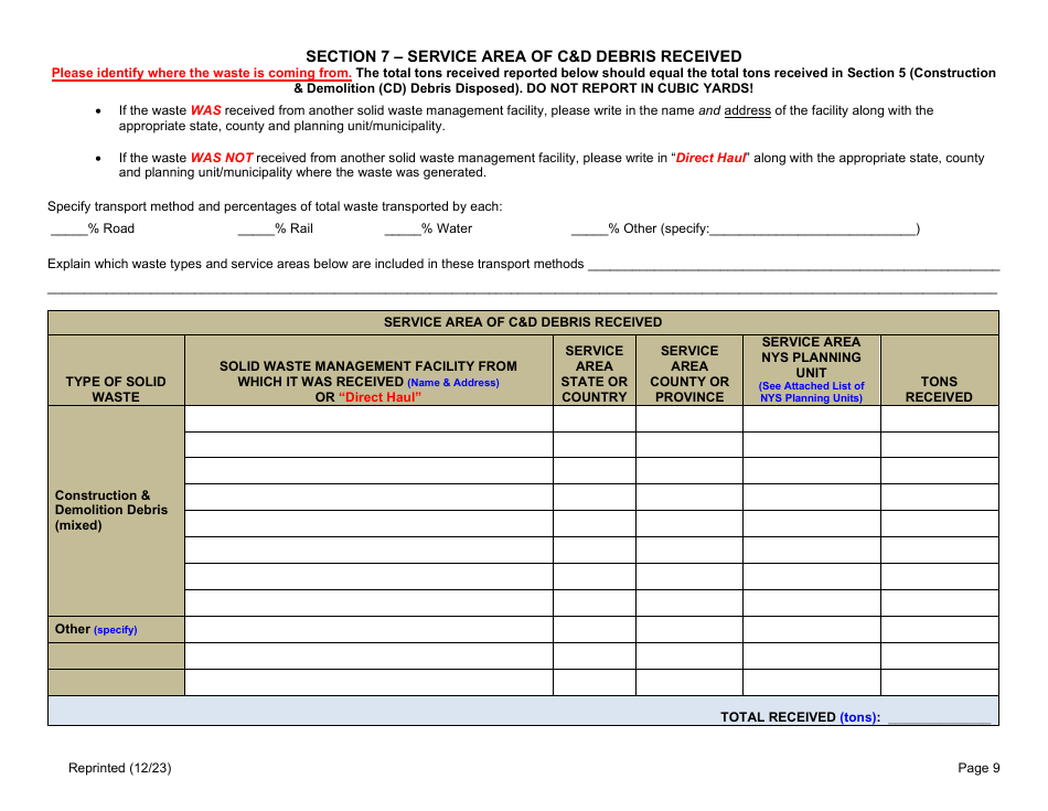 Active Construction and Demolition (Cd) Debris Landfill Annual / Quarterly Report - New York, Page 9