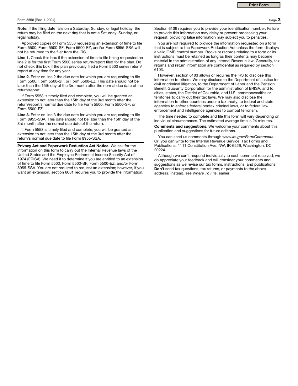 IRS Form 5558 Application for Extension of Time to File Certain Employee Plan Returns, Page 3