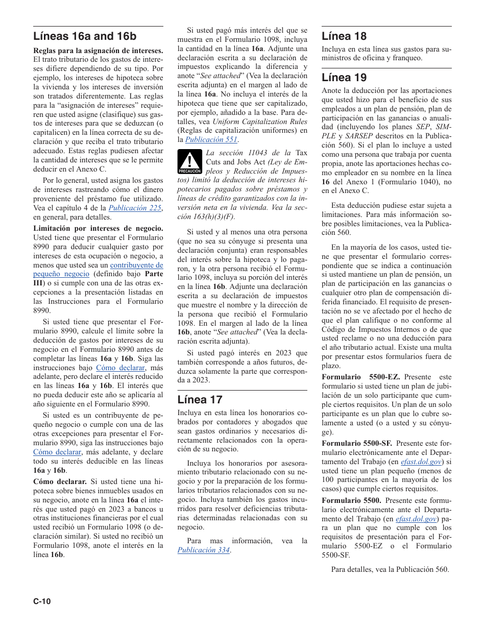 Instrucciones para IRS Formulario 1040 (SP) Anexo C Ganancias O Perdidas De Negocios (Spanish), Page 10