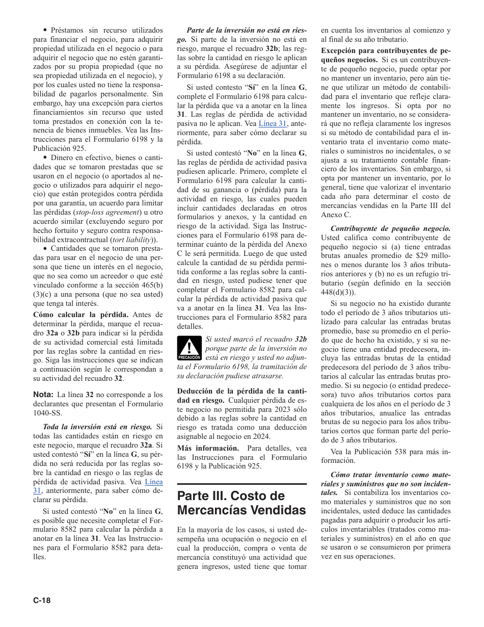 Instrucciones para IRS Formulario 1040 (SP) Anexo C Ganancias O Perdidas De Negocios (Spanish), Page 18