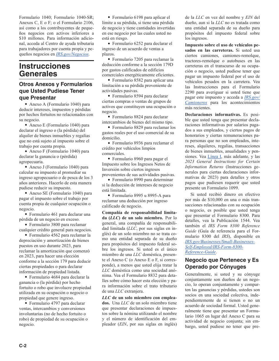 Instrucciones para IRS Formulario 1040 (SP) Anexo C Ganancias O Perdidas De Negocios (Spanish), Page 2