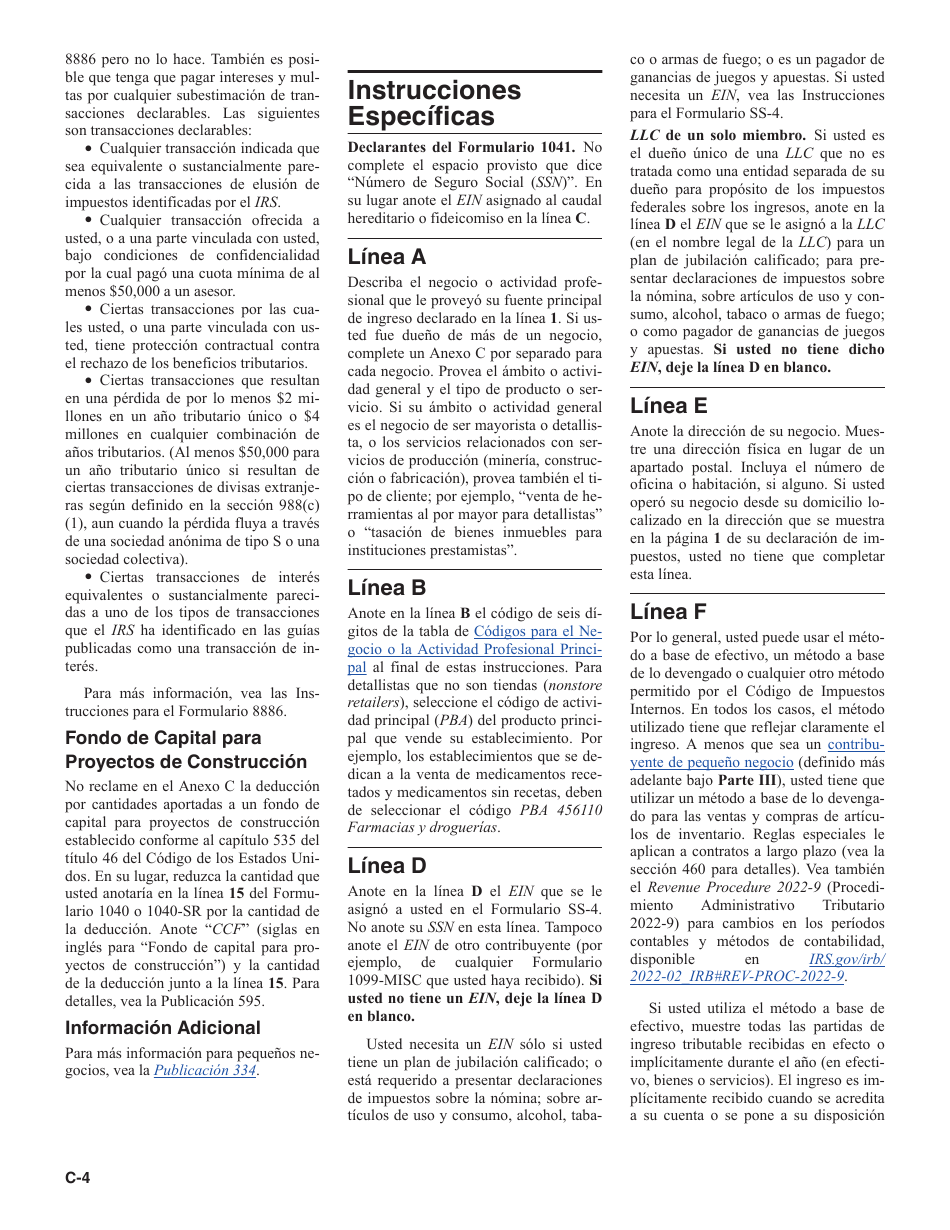 Instrucciones para IRS Formulario 1040 (SP) Anexo C Ganancias O Perdidas De Negocios (Spanish), Page 4