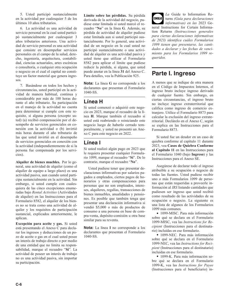 Instrucciones para IRS Formulario 1040 (SP) Anexo C Ganancias O Perdidas De Negocios (Spanish), Page 6