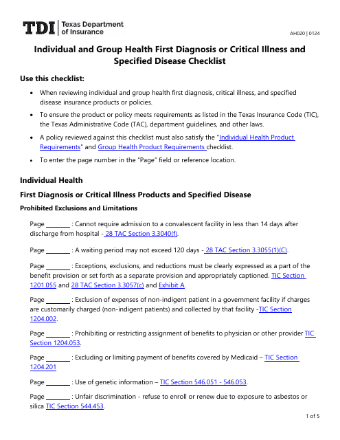 Form AH020 Individual and Group Health First Diagnosis or Critical Illness and Specified Disease Checklist - Texas