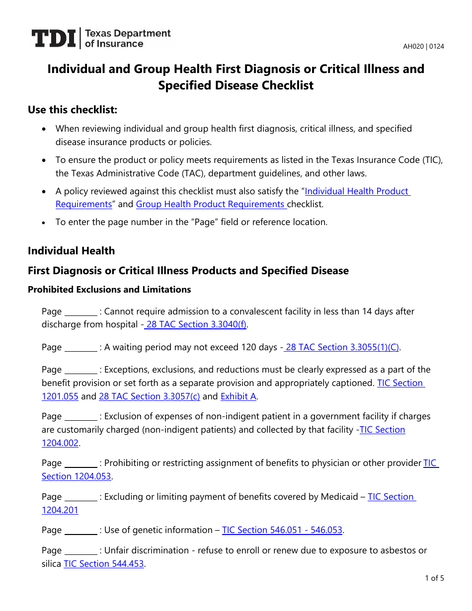 Form AH020 - Fill Out, Sign Online and Download Fillable PDF, Texas ...