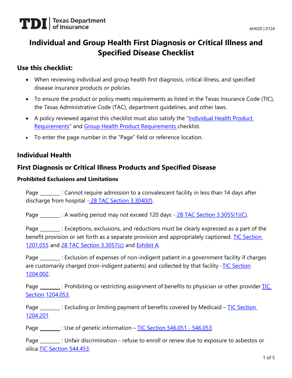 Form AH020 Individual and Group Health First Diagnosis or Critical Illness and Specified Disease Checklist - Texas, Page 1