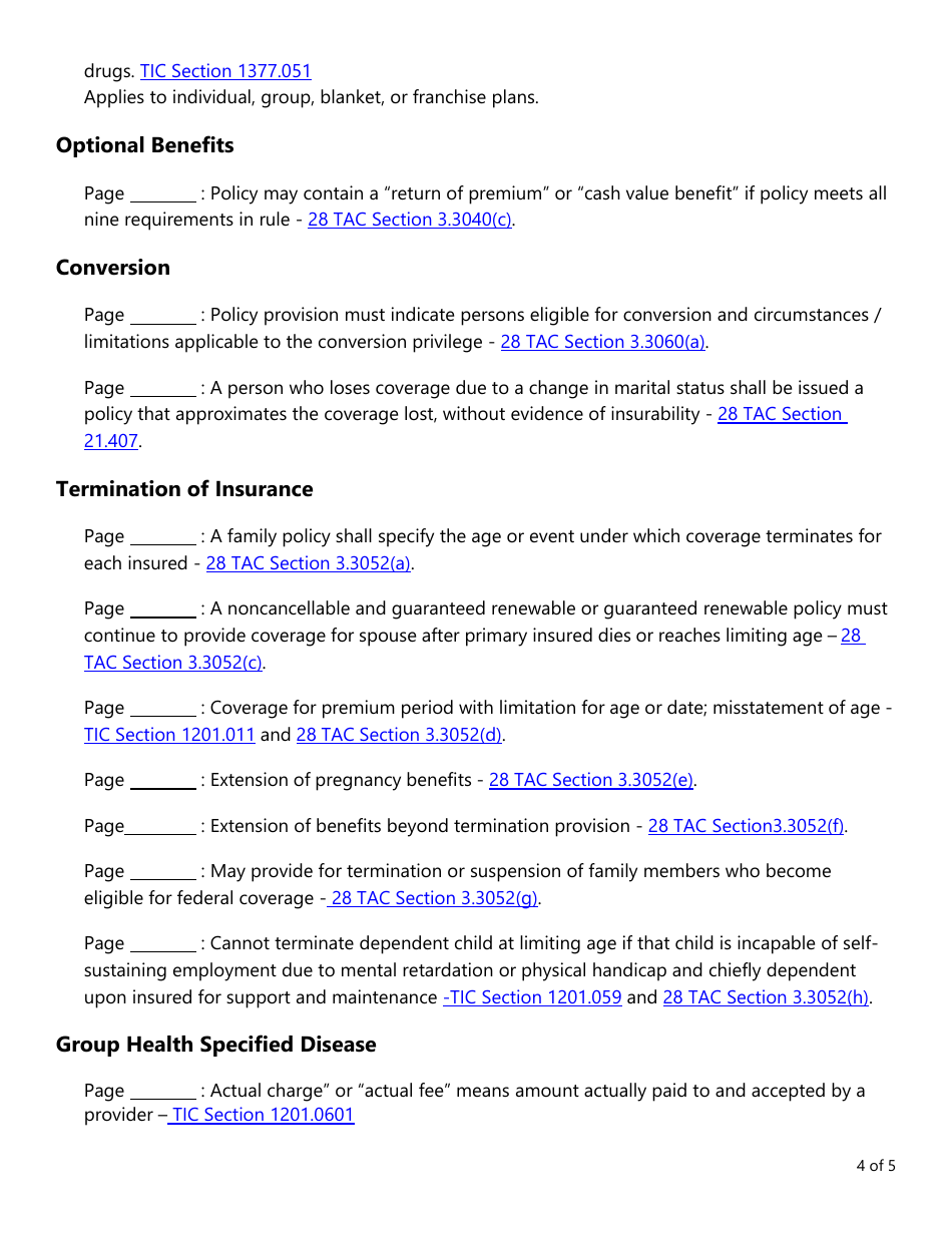 Form AH020 Individual and Group Health First Diagnosis or Critical Illness and Specified Disease Checklist - Texas, Page 4