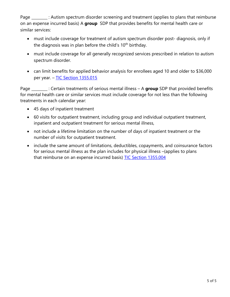 Form AH020 Individual and Group Health First Diagnosis or Critical Illness and Specified Disease Checklist - Texas, Page 5