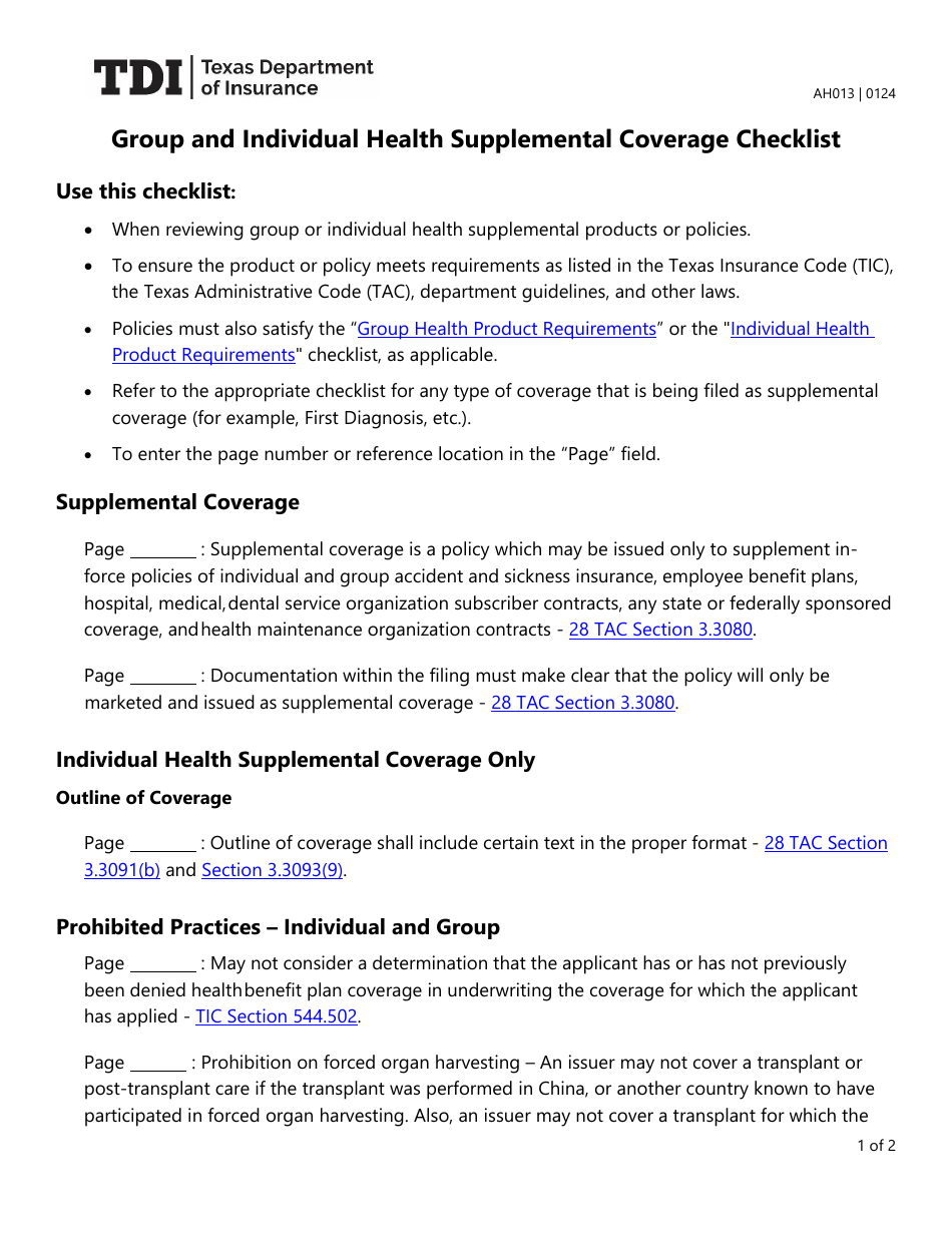 Form AH013 Group and Individual Health Supplemental Coverage Checklist - Texas, Page 1