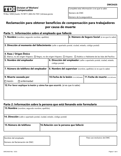 Formulario DWC042S Reclamacion Para Obtener Beneficios De Compensacion Para Trabajadores Por Causa De Muerte - Texas (Spanish)