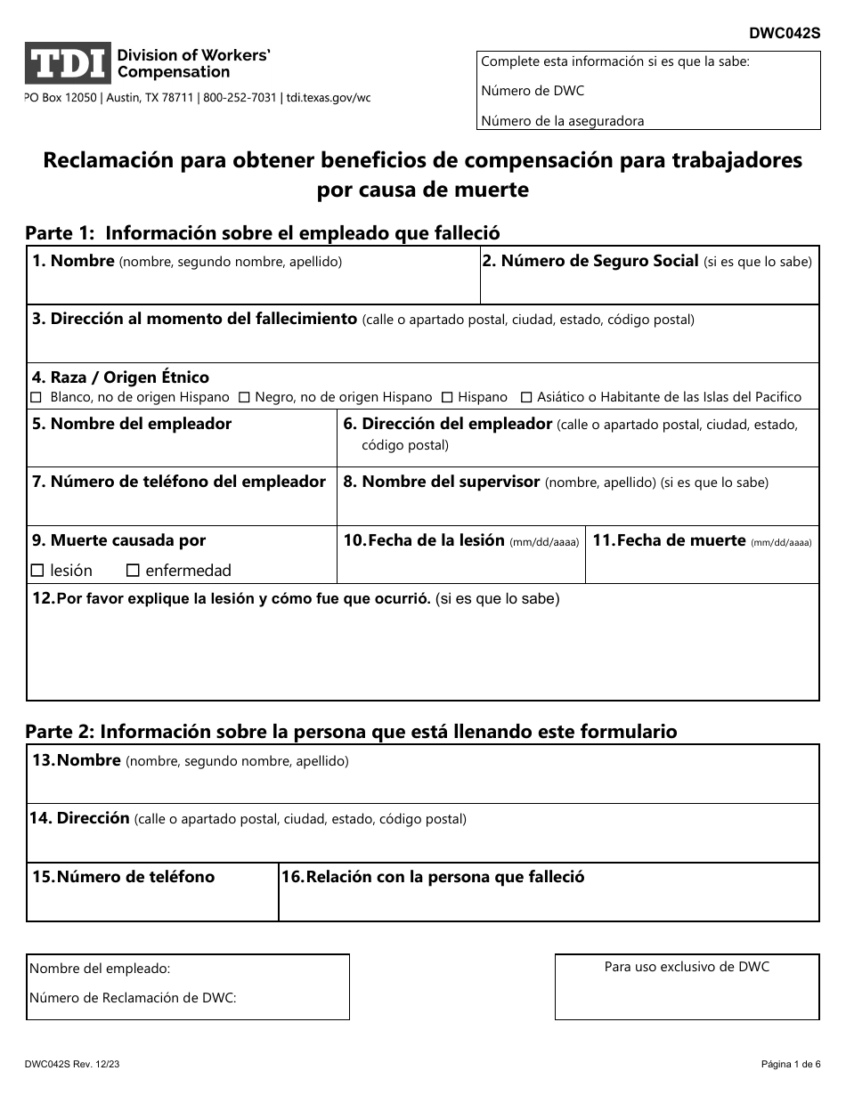 Formulario DWC042S Reclamacion Para Obtener Beneficios De Compensacion Para Trabajadores Por Causa De Muerte - Texas (Spanish), Page 1