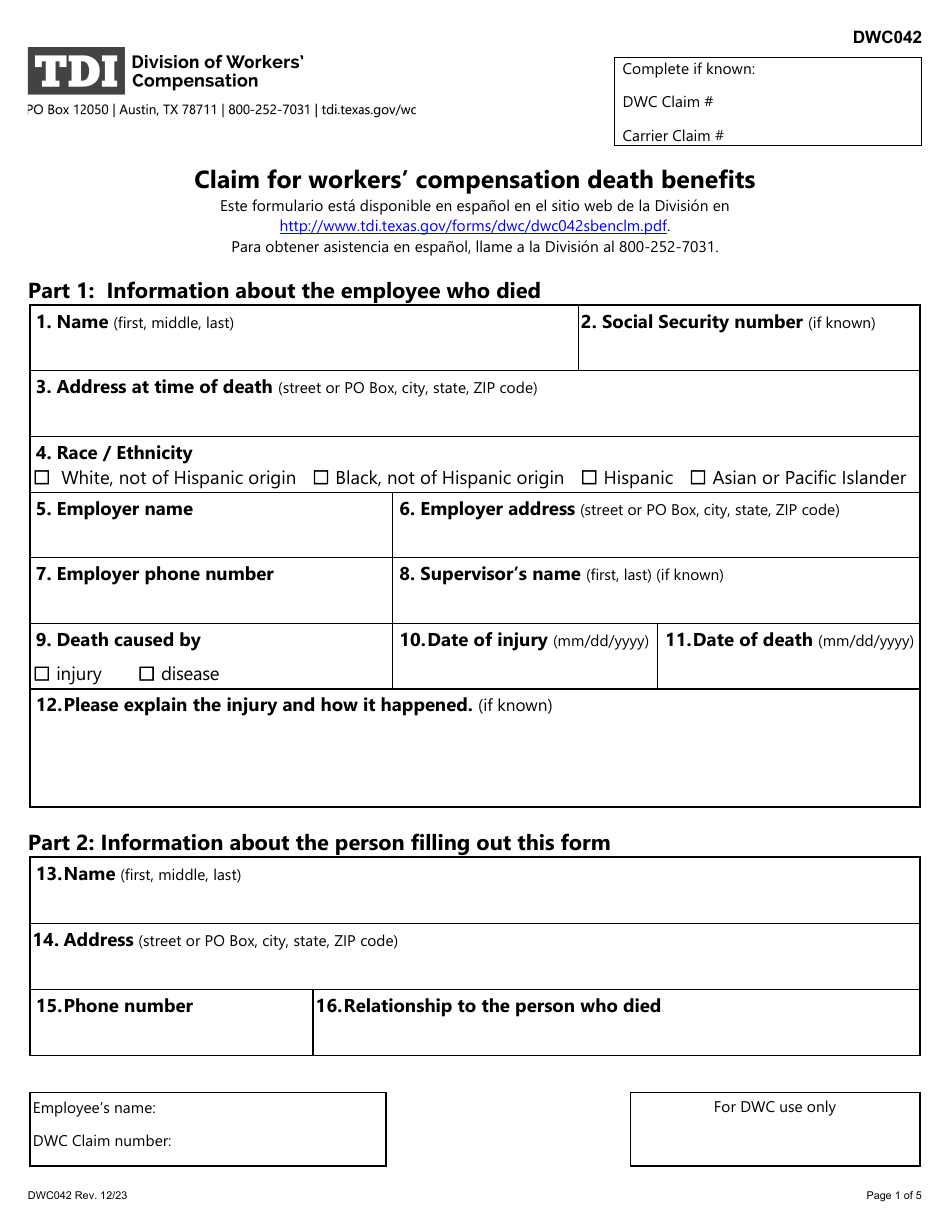 Form DWC042 Claim for Workers Compensation Death Benefits - Texas, Page 1