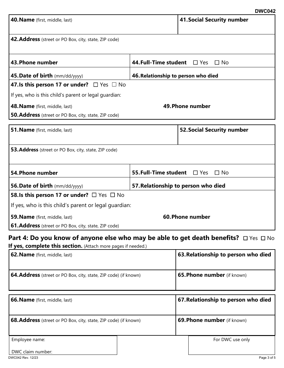 Form DWC042 Claim for Workers Compensation Death Benefits - Texas, Page 3