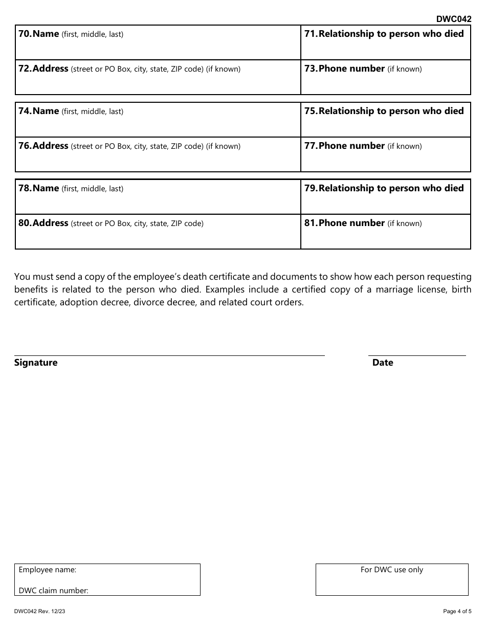 Form DWC042 Claim for Workers Compensation Death Benefits - Texas, Page 4