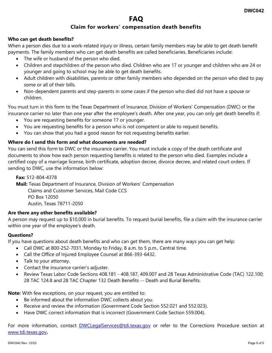 Form DWC042 Claim for Workers Compensation Death Benefits - Texas, Page 5
