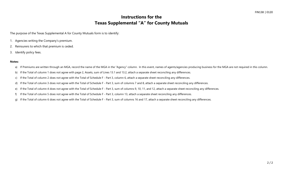 Form FIN138 Supplement A Texas Supplemental for County Mutuals - Texas, Page 2