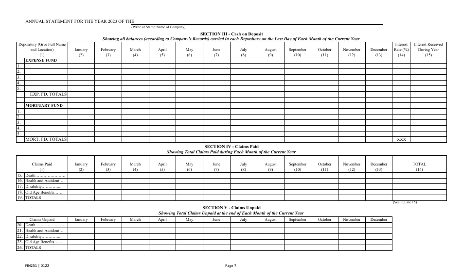 Form FIN251 Annual Statement - Mutual Assessments, Burials, Lmas - Texas, Page 10