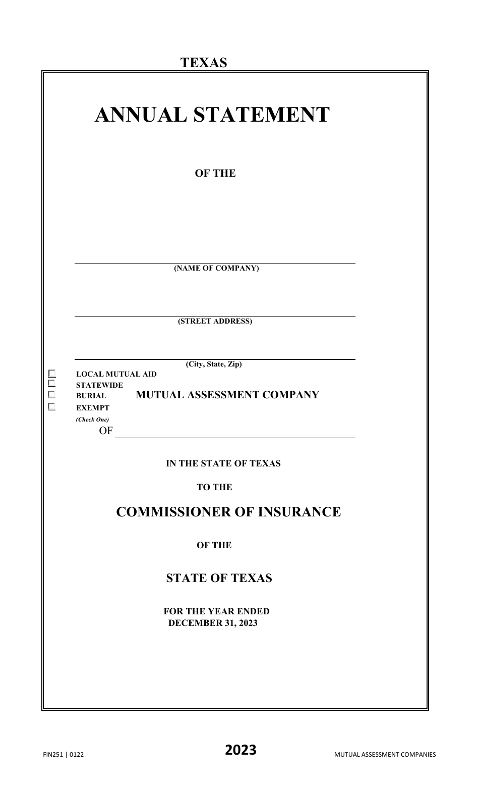 Form FIN251 Annual Statement - Mutual Assessments, Burials, Lmas - Texas, Page 1