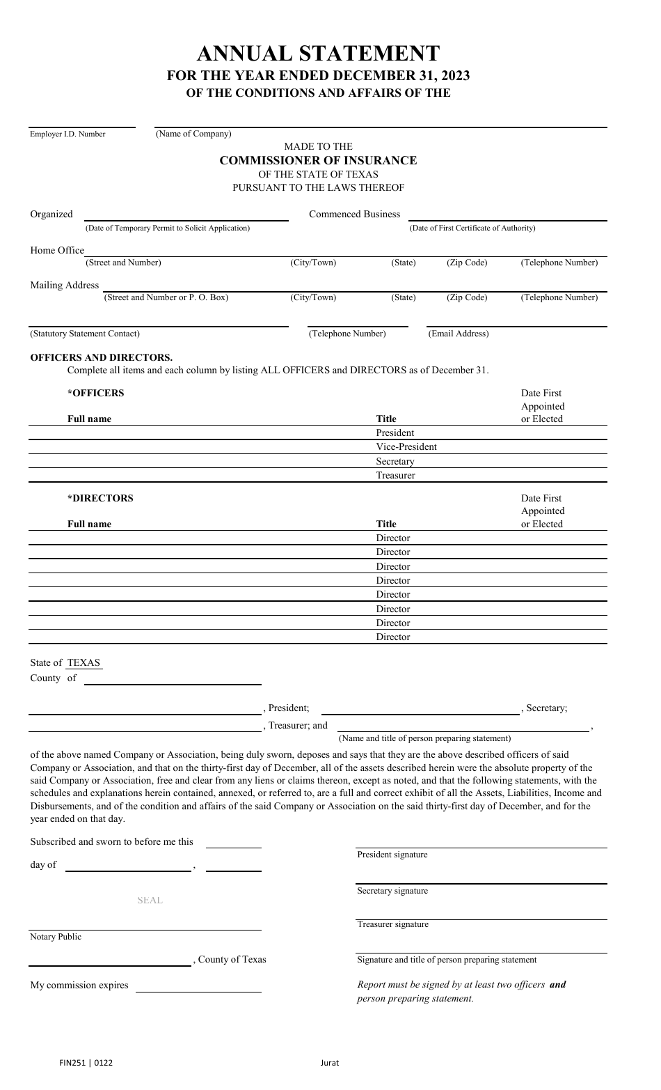 Form FIN251 Annual Statement - Mutual Assessments, Burials, Lmas - Texas, Page 4