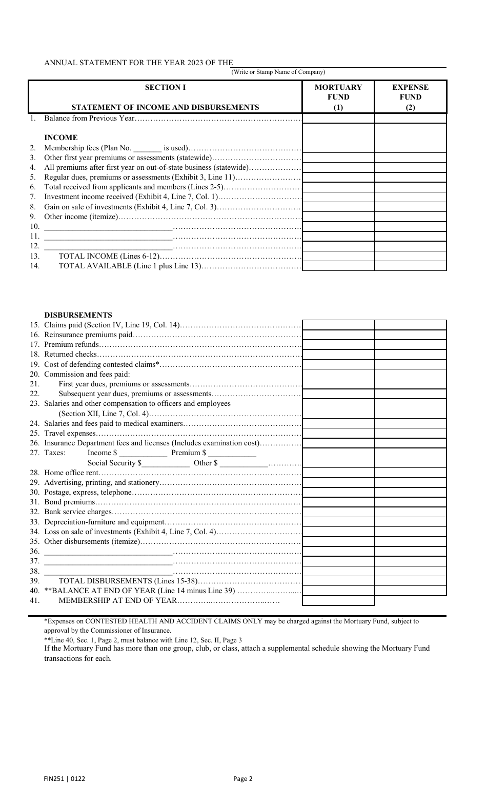 Form FIN251 Annual Statement - Mutual Assessments, Burials, Lmas - Texas, Page 5