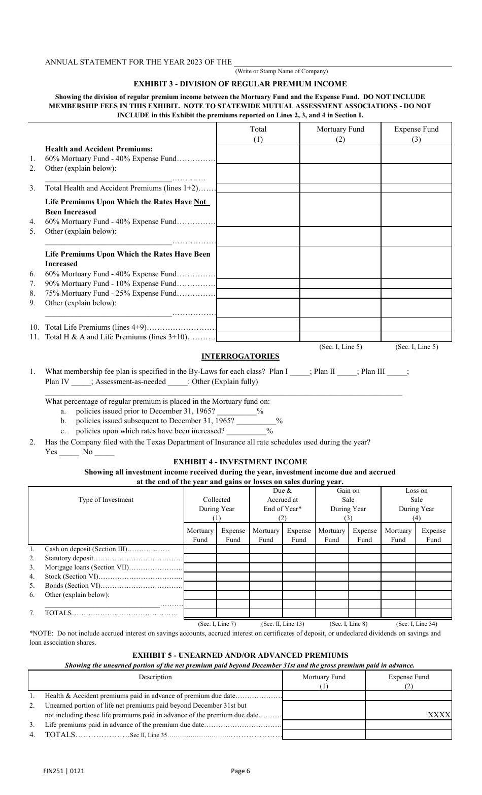 Form FIN251 Annual Statement - Mutual Assessments, Burials, Lmas - Texas, Page 9