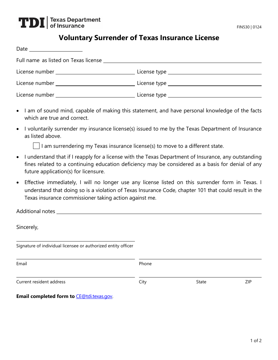 Form FIN530 Voluntary Surrender of Texas Insurance License - Texas, Page 1