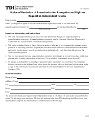 Form LHL011 Notice of Rescission of Preauthorization Exemption and Right to Request an Independent Review - Texas