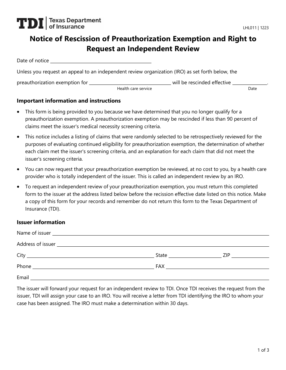 Form LHL011 Notice of Rescission of Preauthorization Exemption and Right to Request an Independent Review - Texas, Page 1