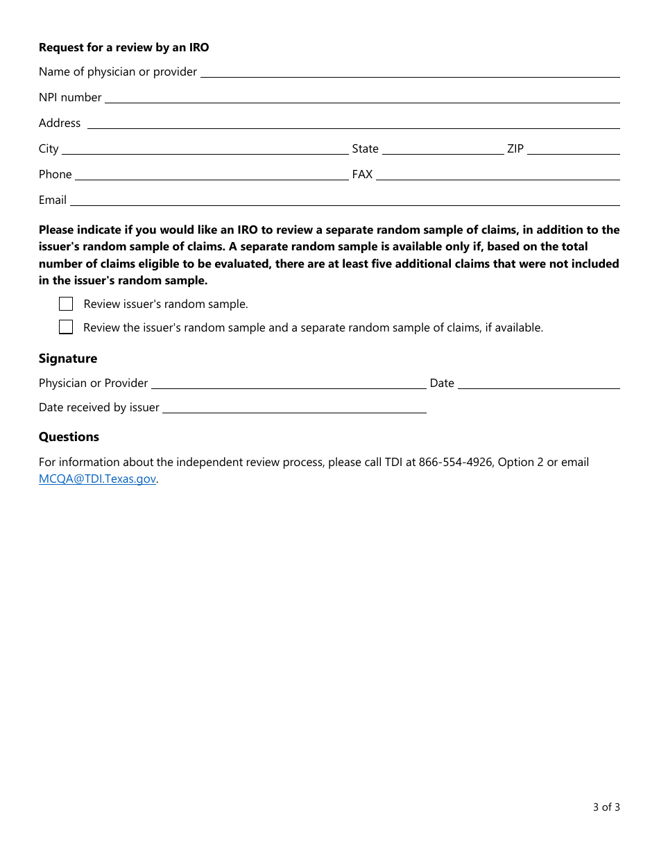 Form LHL011 Notice of Rescission of Preauthorization Exemption and Right to Request an Independent Review - Texas, Page 3