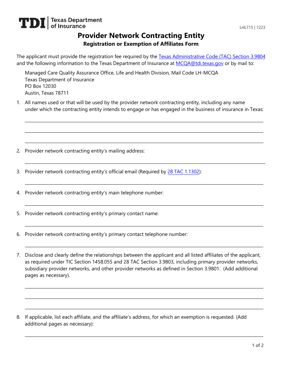 Form LHL715 Provider Network Contracting Entity Registration or Exemption of Affiliates Form - Texas, Page 1