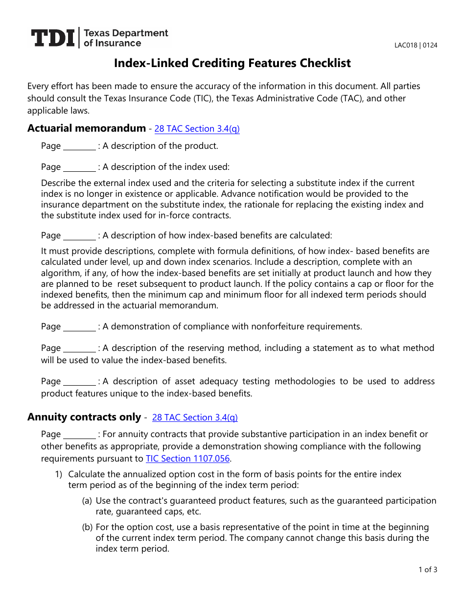 Form LAC018 Index-Linked Crediting Features Checklist - Texas, Page 1