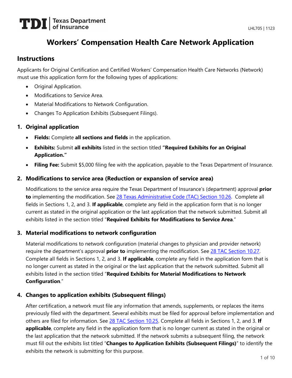 Form LHL705 Workers Compensation Health Care Network Application - Texas, Page 1