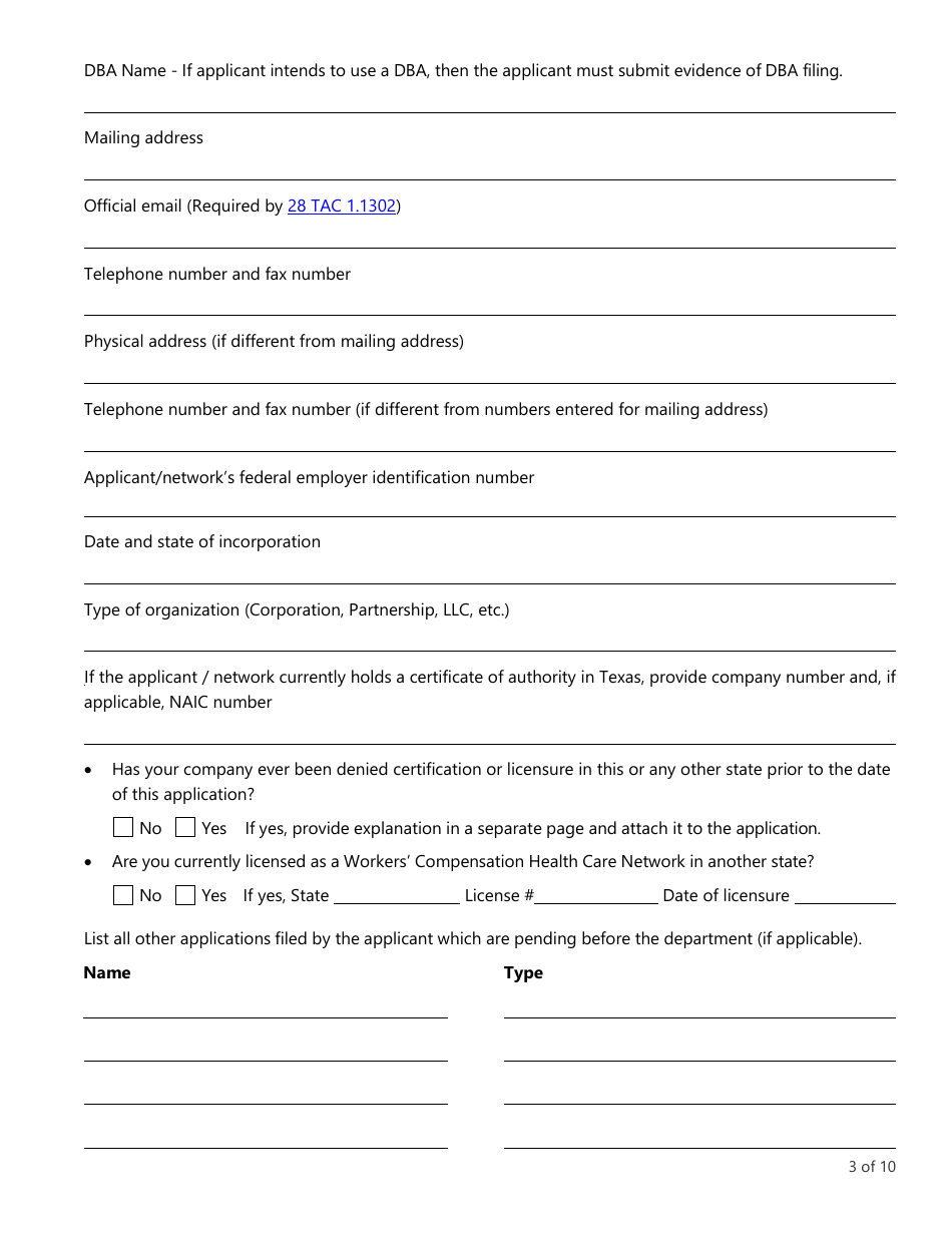 Form LHL705 Workers Compensation Health Care Network Application - Texas, Page 3