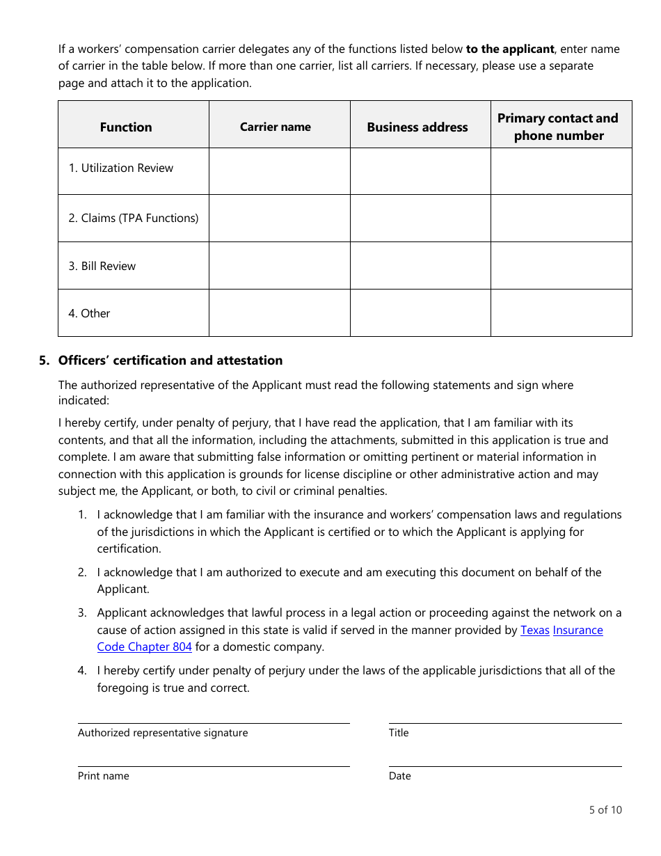 Form LHL705 Workers Compensation Health Care Network Application - Texas, Page 5