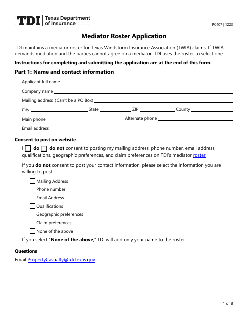 Form PC407 Mediator Roster Application - Texas