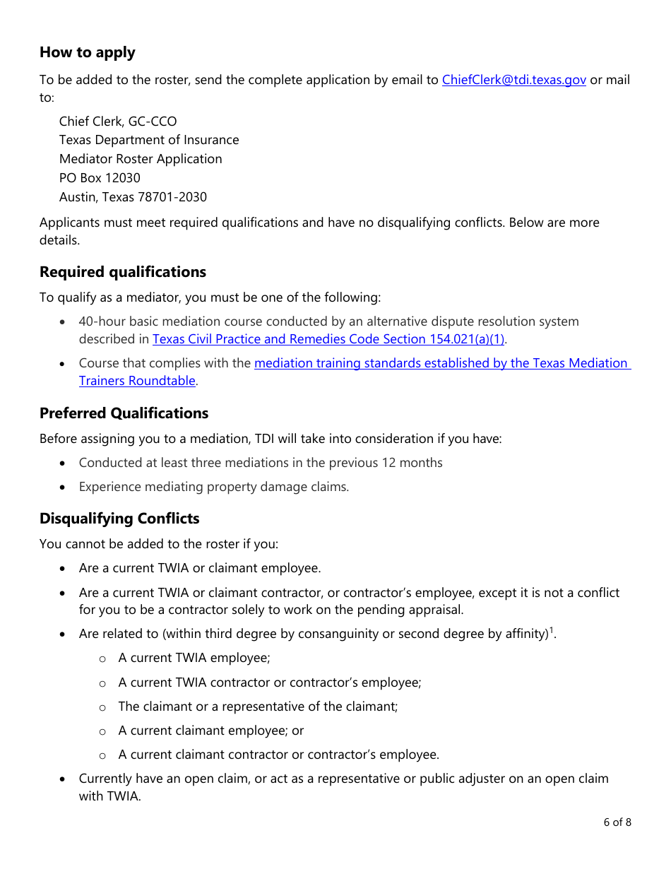 Form PC407 Mediator Roster Application - Texas, Page 6