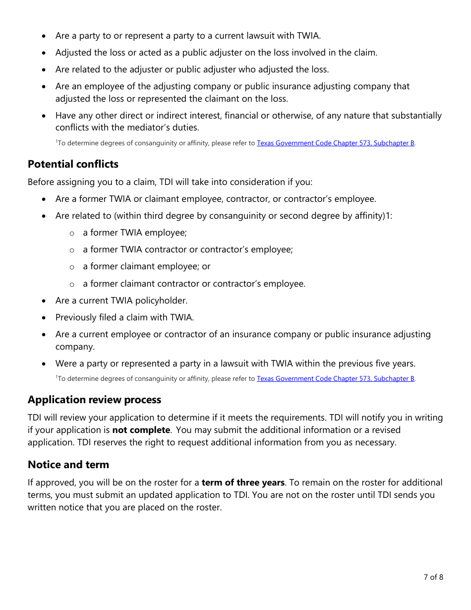 Form PC407 Mediator Roster Application - Texas, Page 7