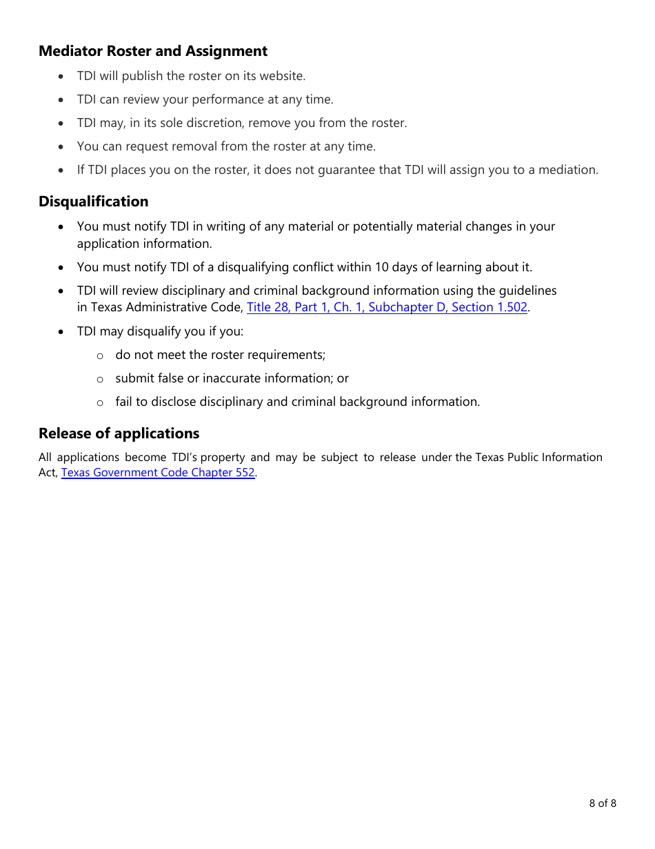 Form PC407 Mediator Roster Application - Texas, Page 8