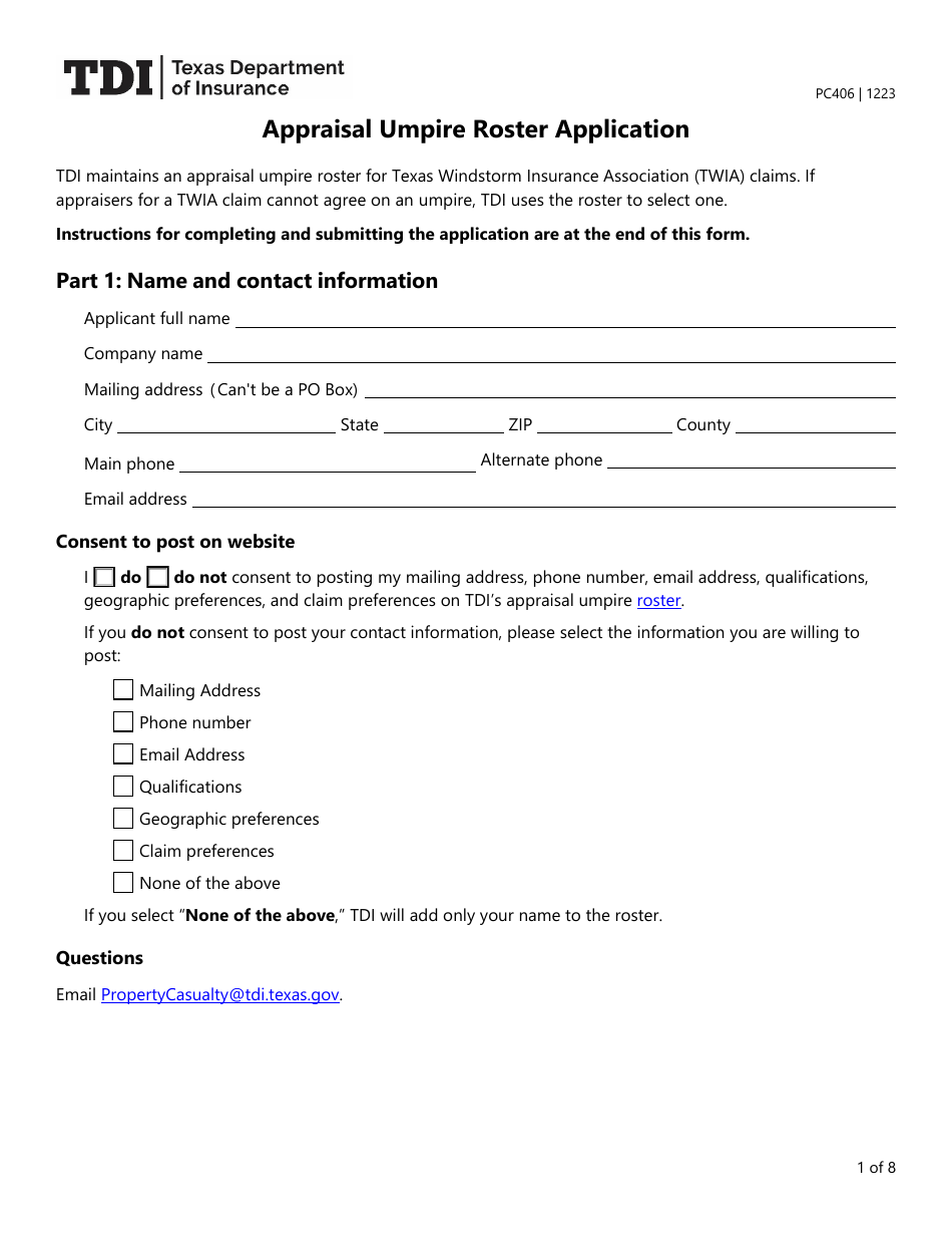 Form PC406 Appraisal Umpire Roster Application - Texas, Page 1