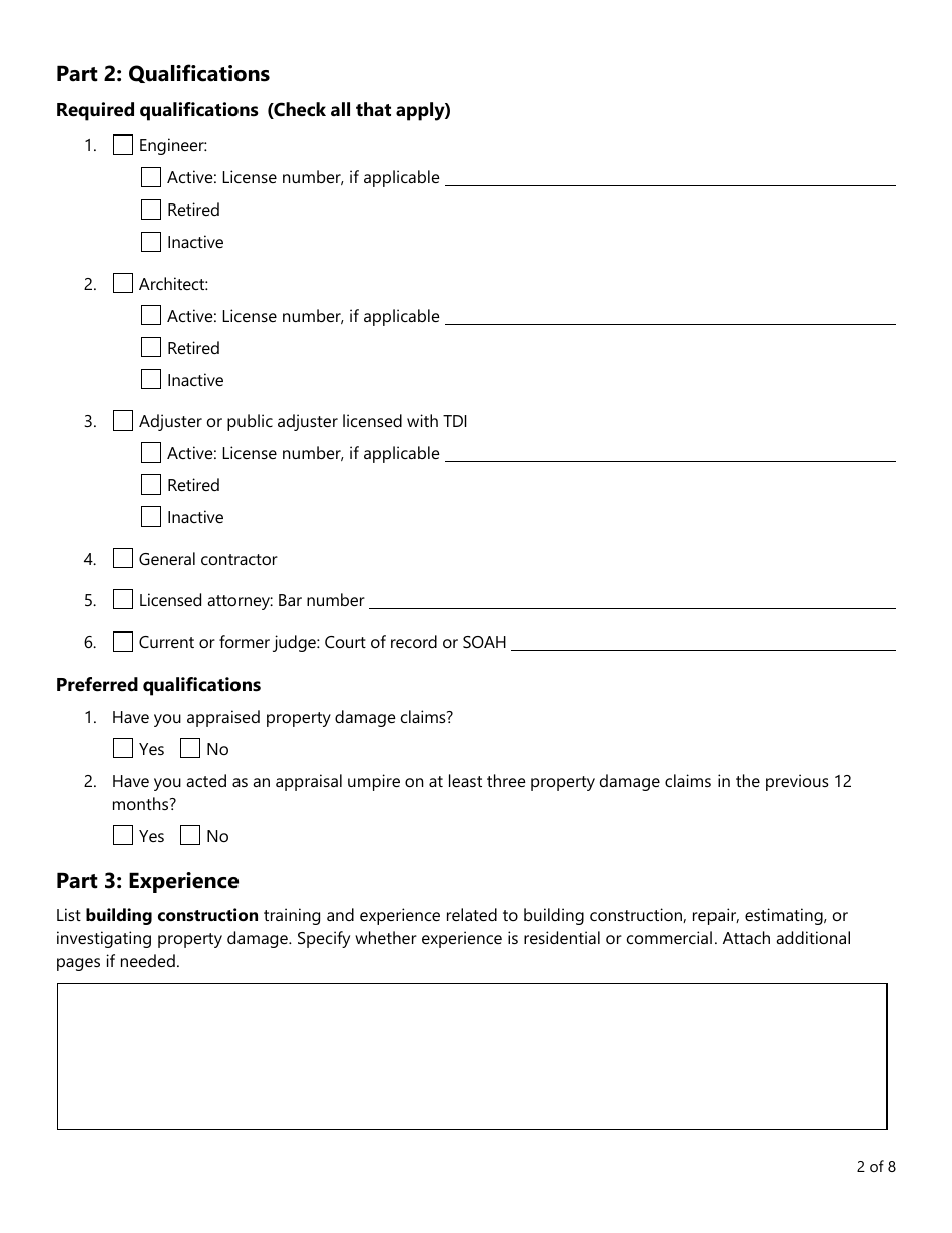 Form PC406 Appraisal Umpire Roster Application - Texas, Page 2