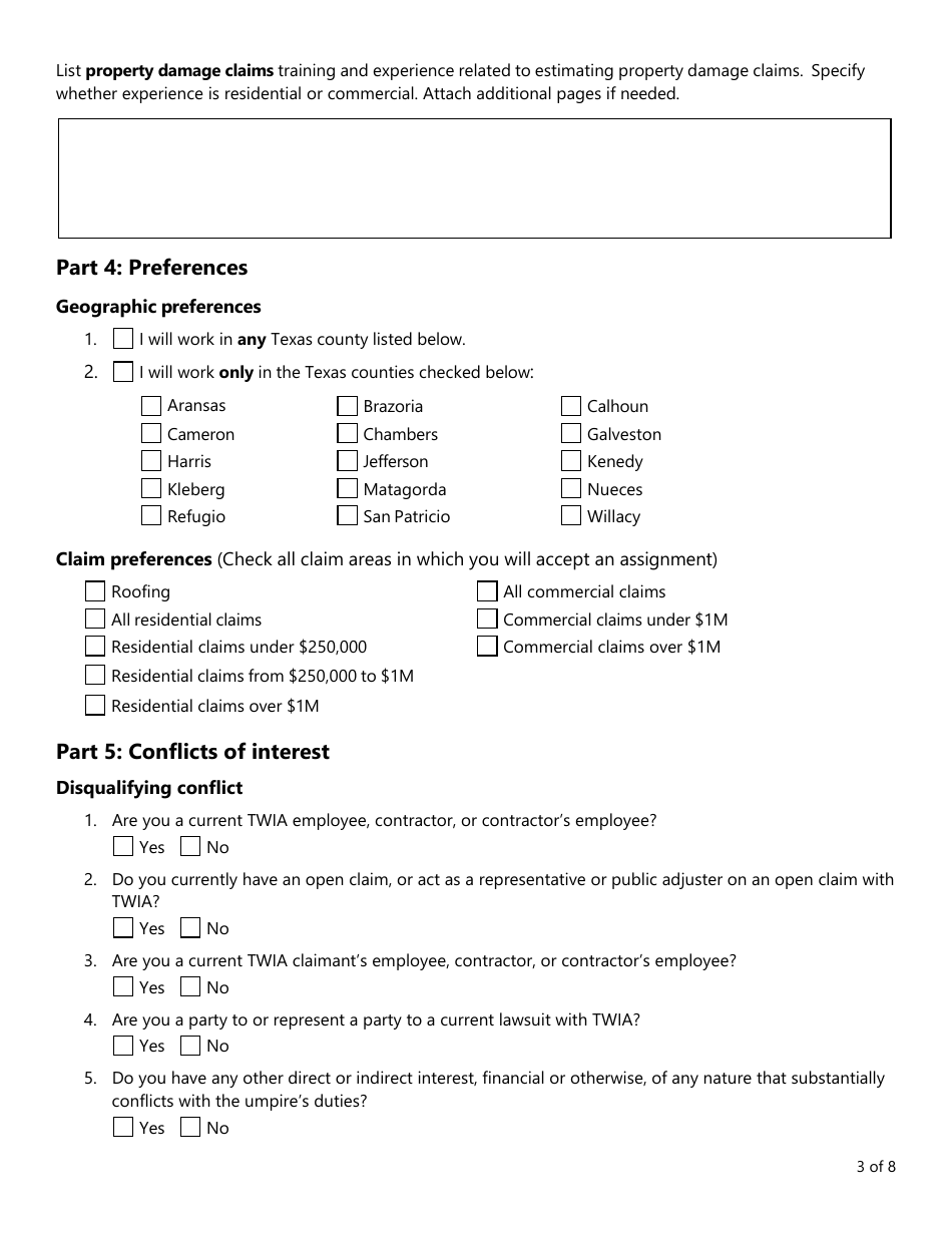Form PC406 Appraisal Umpire Roster Application - Texas, Page 3