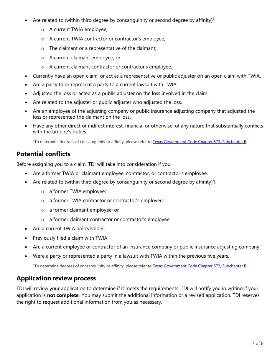Form PC406 Appraisal Umpire Roster Application - Texas, Page 7