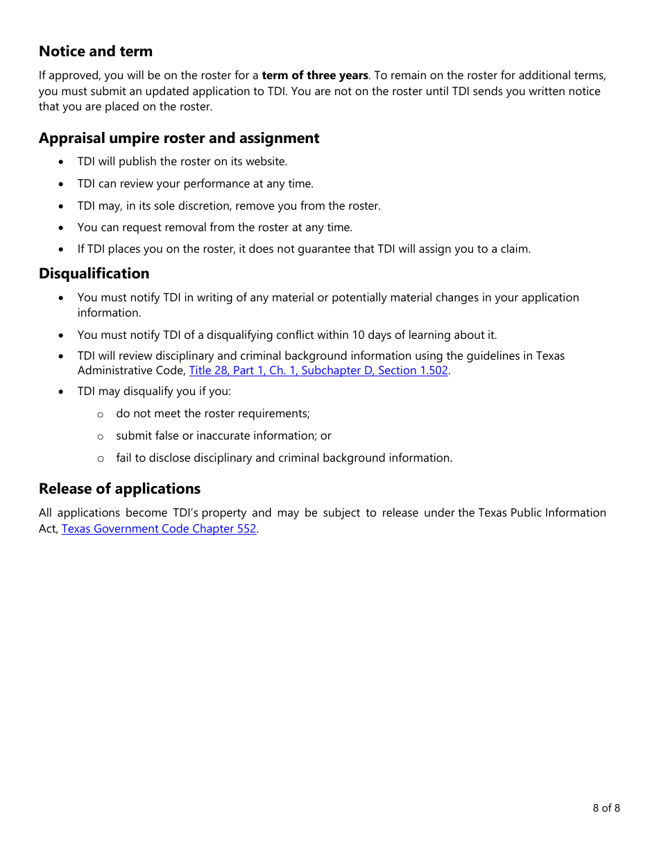 Form PC406 Appraisal Umpire Roster Application - Texas, Page 8