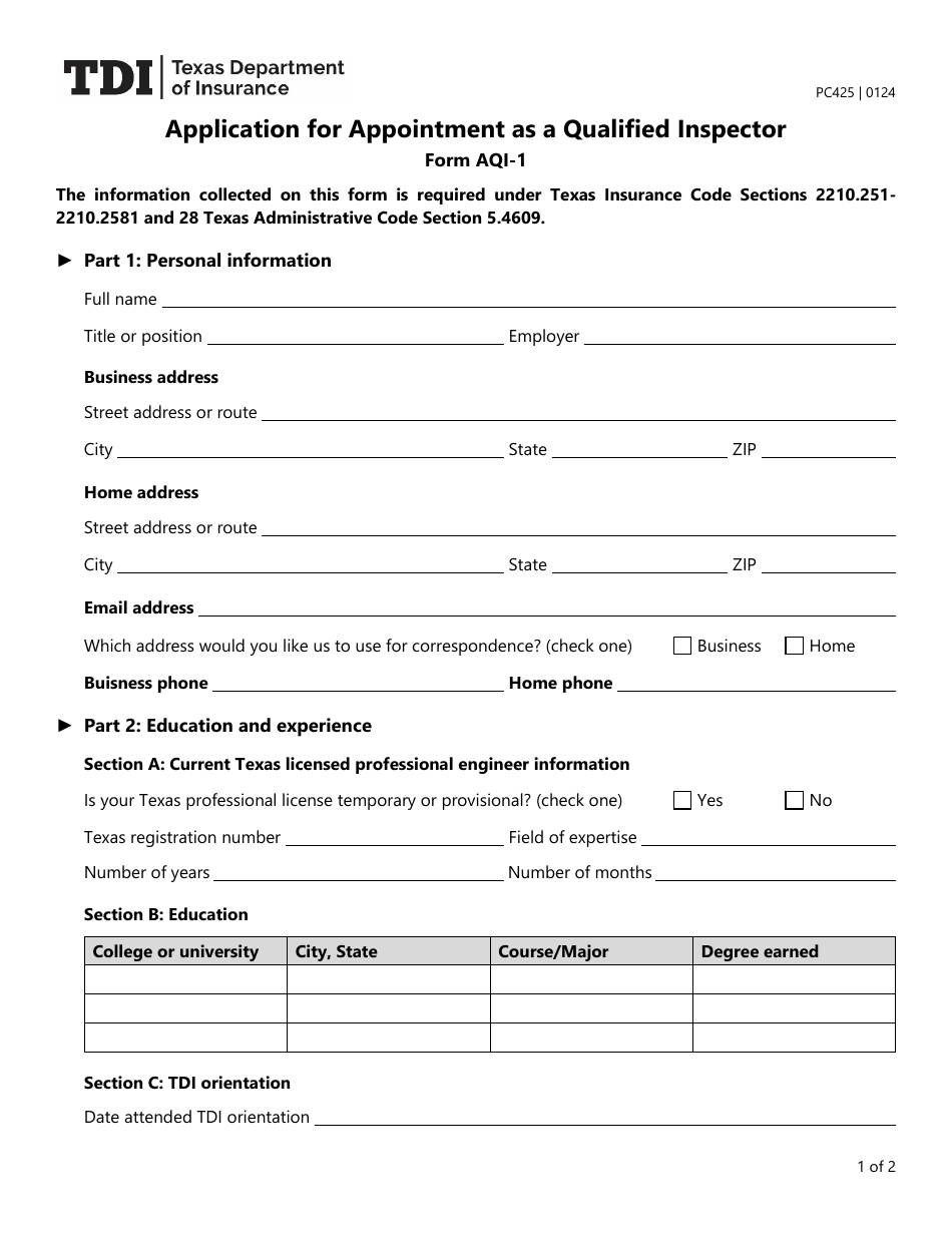 Form AQI-1 (PC425) Application for Appointment as a Qualified Inspector - Texas, Page 1