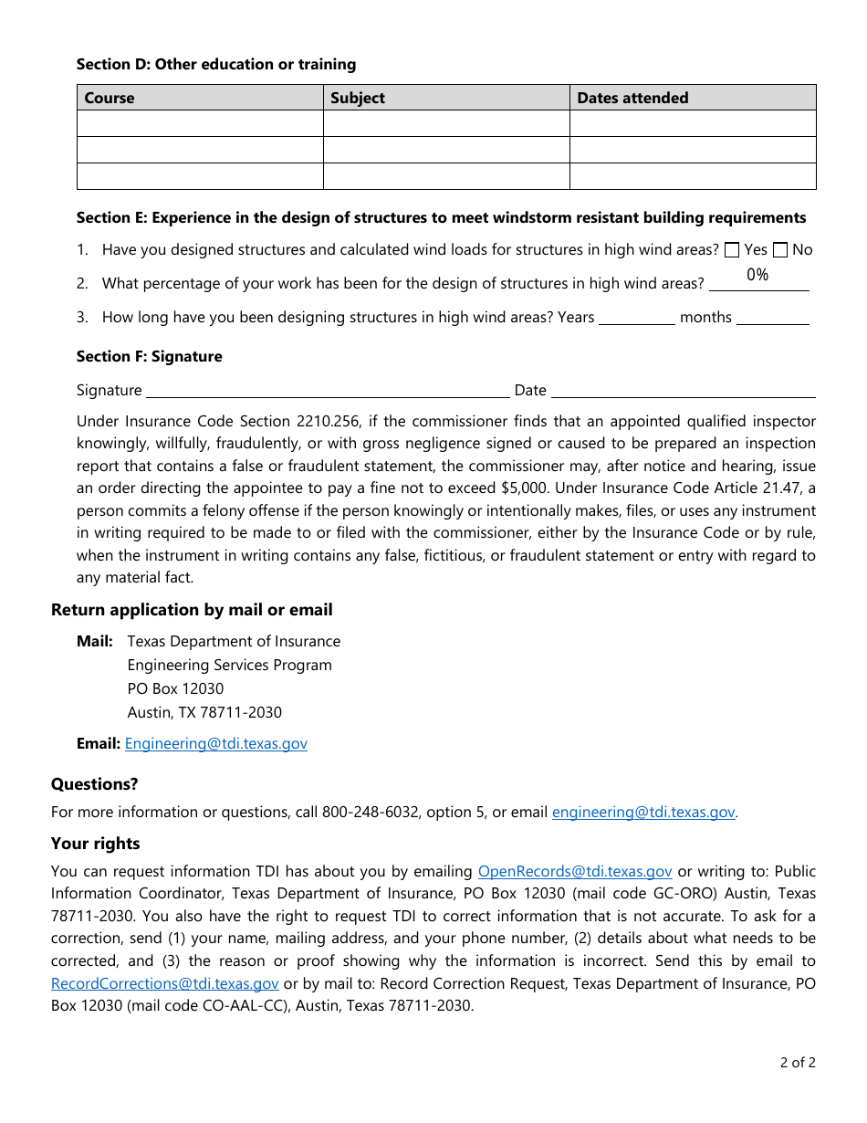 Form AQI-1 (PC425) Application for Appointment as a Qualified Inspector - Texas, Page 2