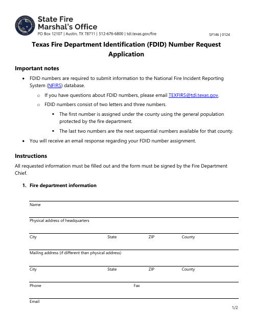 Form SF146 Texas Fire Department Identification (Fdid) Number Request Application - Texas