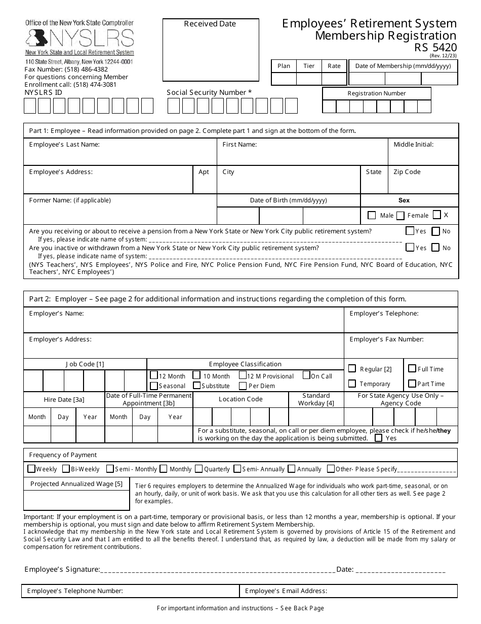 Form RS5420 Employees Retirement System Membership Registration - New York, Page 1