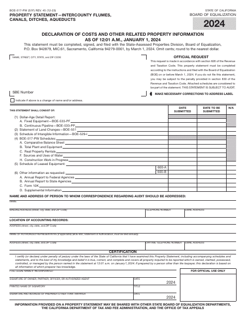 Form BOE-517-PW Property Statement - Intercounty Flumes, Canals, Ditches, Aqueducts - California, 2024
