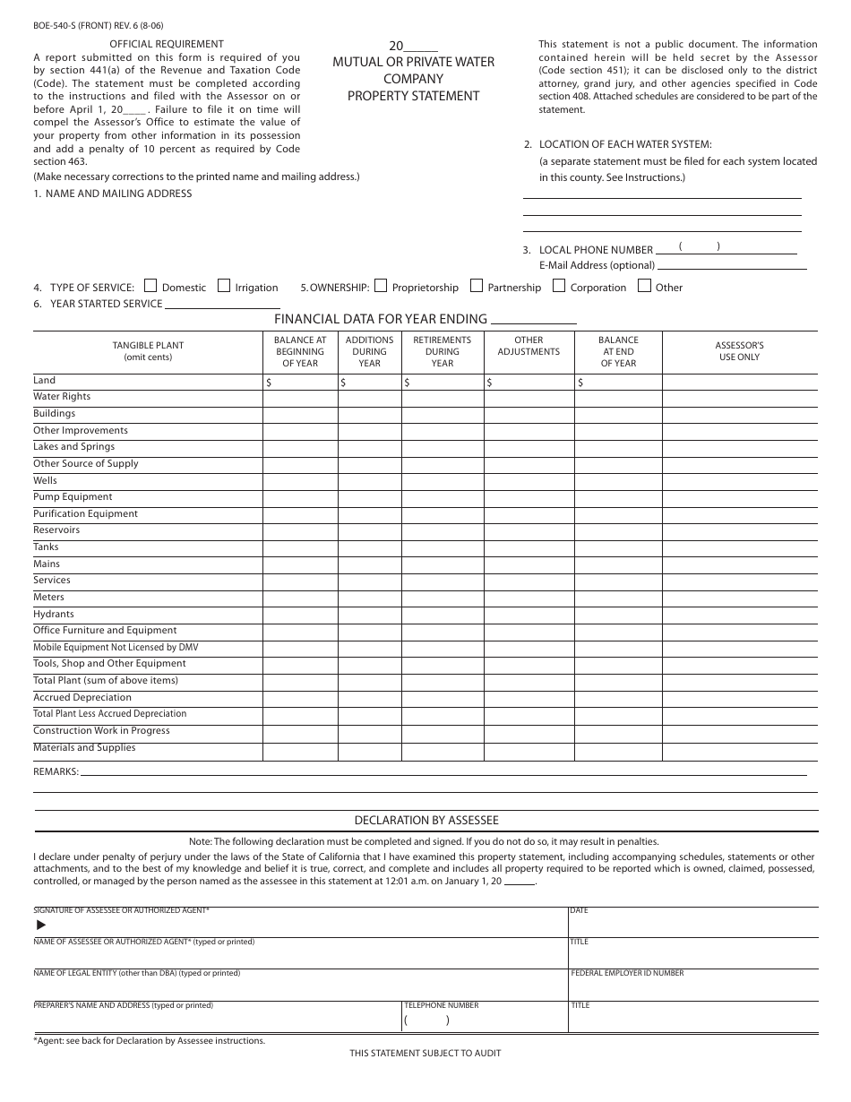 Form BOE-540-S Mutual or Private Water Company Property Statement - California, Page 1